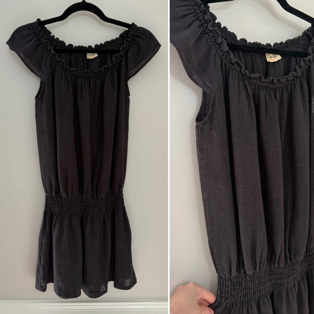 Anthropologie Minimalist Resort Ella Moss 100% Linen Smocked Waist Black Dress M